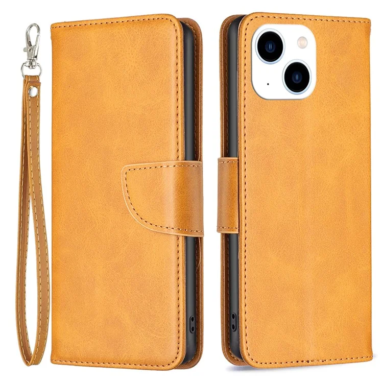 For iPhone 15 Phone Stand Cover Solid Color Fine Textured PU Leather Wallet Anti-Scratch Phone Case - Yellow