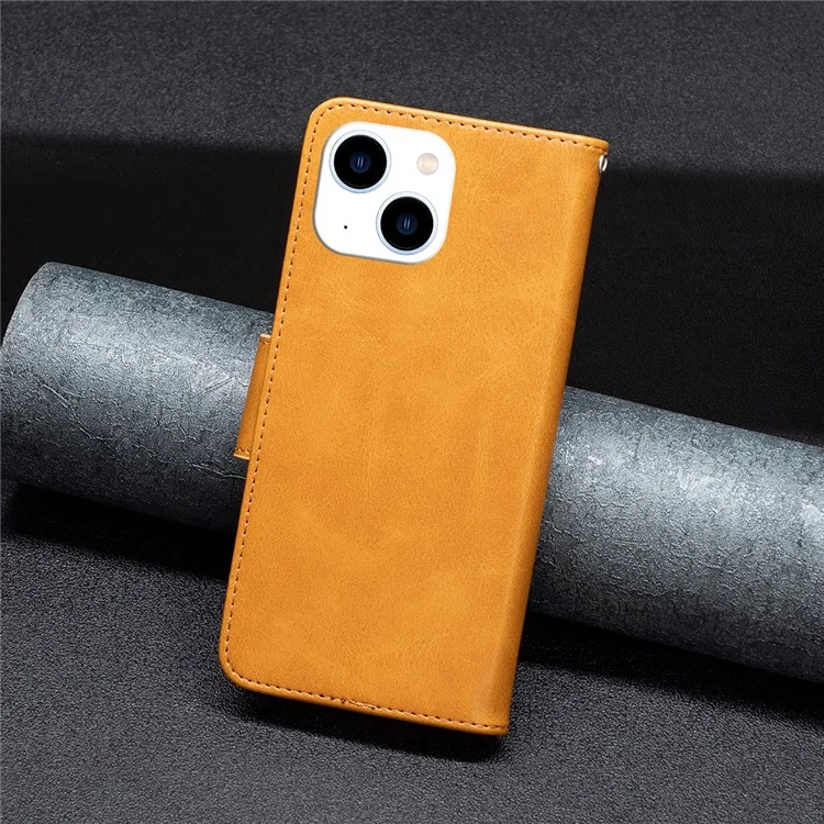 For iPhone 15 Phone Stand Cover Solid Color Fine Textured PU Leather Wallet Anti-Scratch Phone Case - Yellow