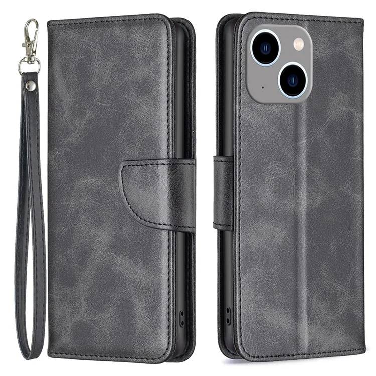 Mobile Phone Stand Case for iPhone 15 Plus , Fine Textured Solid Color PU Leather Wallet Cover Shell - Black