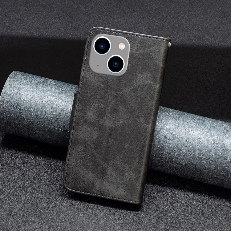Mobile Phone Stand Case for iPhone 15 Plus , Fine Textured Solid Color PU Leather Wallet Cover Shell - Black