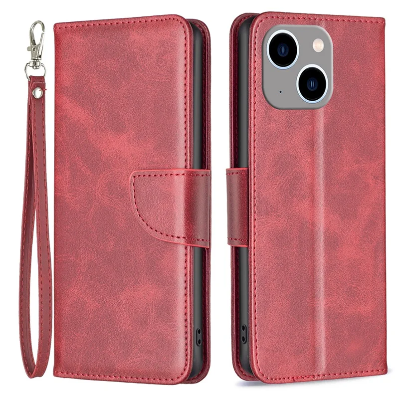 Mobile Phone Stand Case for iPhone 15 Plus , Fine Textured Solid Color PU Leather Wallet Cover Shell - Red