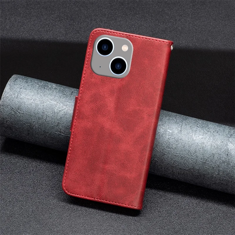 Mobile Phone Stand Case for iPhone 15 Plus , Fine Textured Solid Color PU Leather Wallet Cover Shell - Red