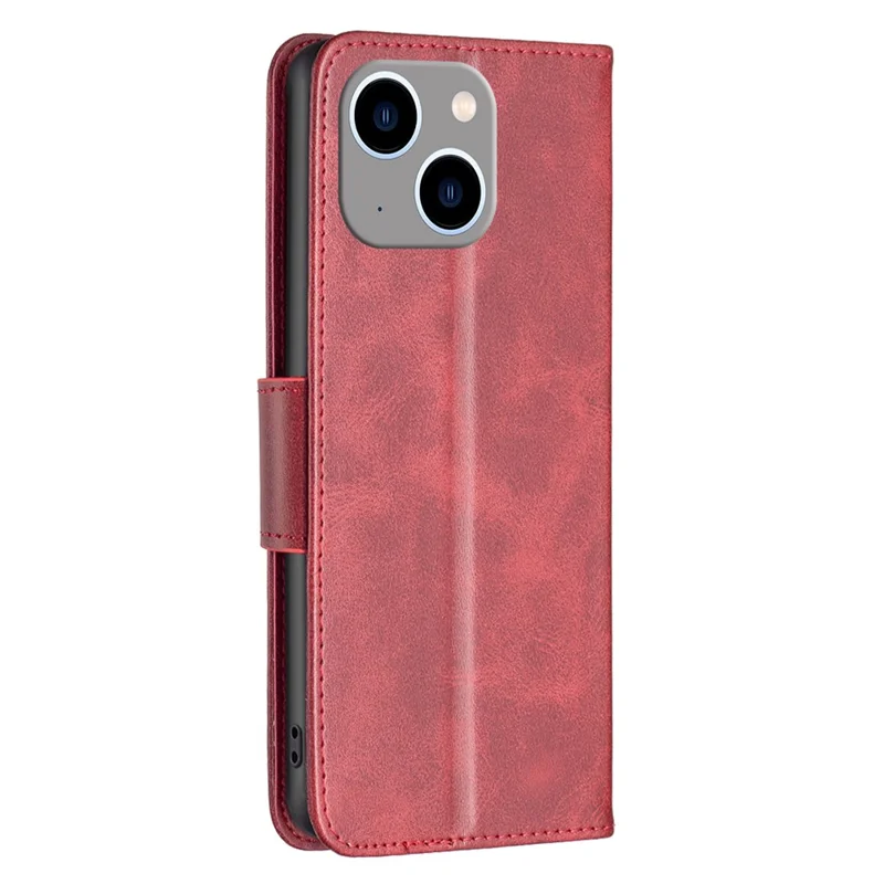 Mobile Phone Stand Case for iPhone 15 Plus , Fine Textured Solid Color PU Leather Wallet Cover Shell - Red