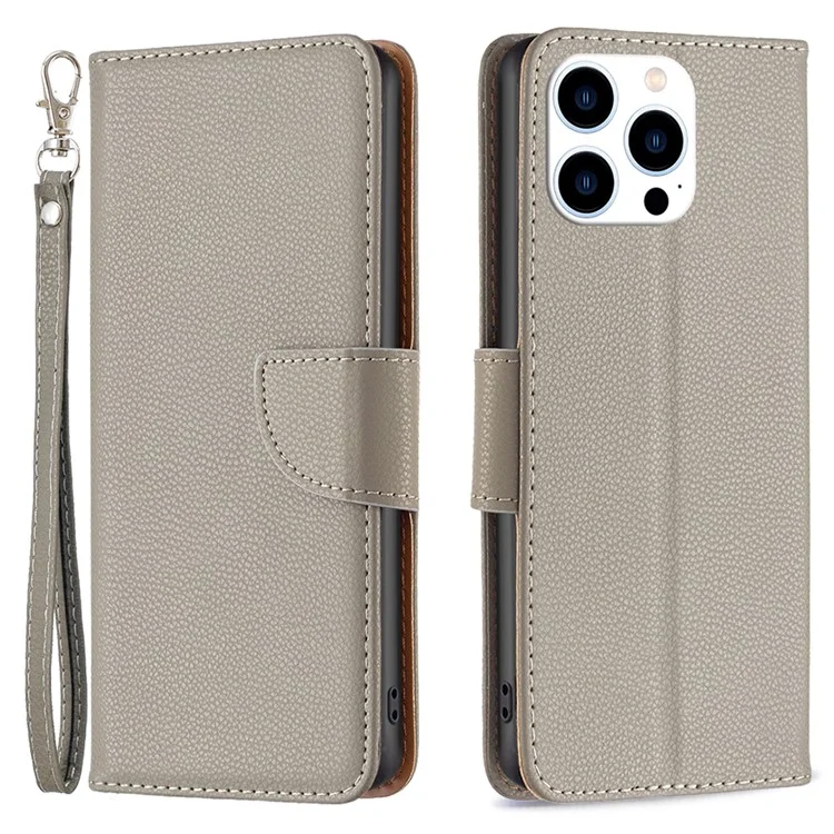 Для iPhone 15 Pro Wallet PU Leather Cell Phone Cover Litchi Texture Phone Flip Stand Case with Strap - Grey