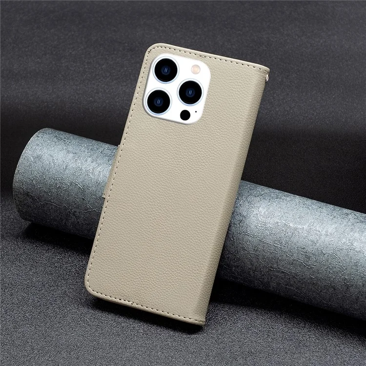Для iPhone 15 Pro Wallet PU Leather Cell Phone Cover Litchi Texture Phone Flip Stand Case with Strap - Grey