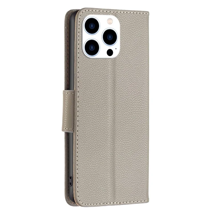 Для iPhone 15 Pro Wallet PU Leather Cell Phone Cover Litchi Texture Phone Flip Stand Case with Strap - Grey