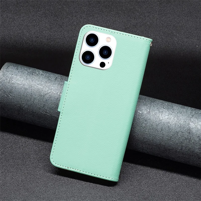 For iPhone 15 Pro Wallet Case with Wrist Strap Litchi Texture Leather Phone Stand Cover - Green