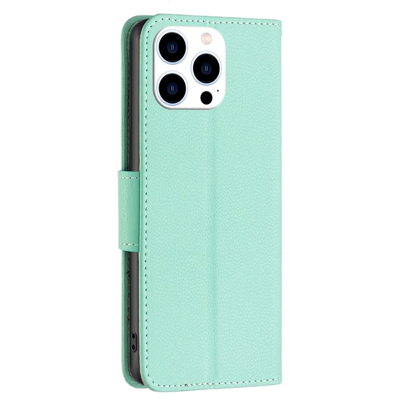 For iPhone 15 Pro Wallet Case with Wrist Strap Litchi Texture Leather Phone Stand Cover - Green