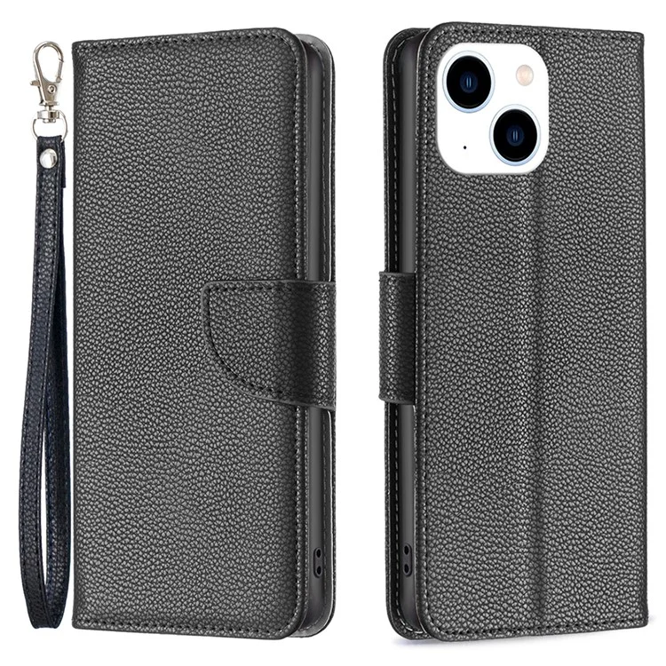 Capa Carteira Flip Stand de Telefone para iPhone 15, de Couro PU com Textura de Litchi - Preta