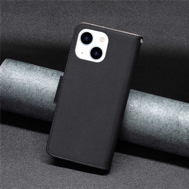 Capa Carteira Flip Stand de Telefone para iPhone 15, de Couro PU com Textura de Litchi - Preta
