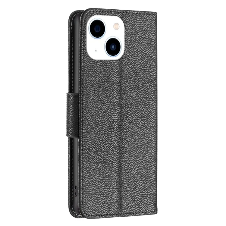 Capa Carteira Flip Stand de Telefone para iPhone 15, de Couro PU com Textura de Litchi - Preta