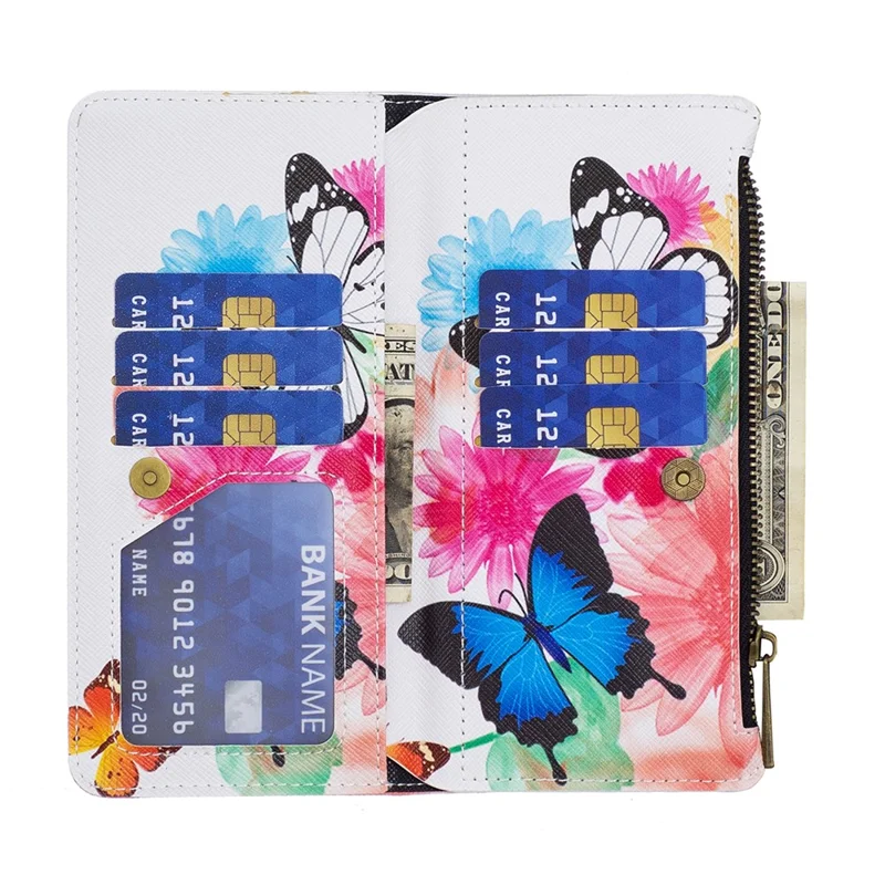 BF03 PU Leather Zipper Pocket Phone Case per iPhone 15, Pattern Printing Stand Wallet Cover - Due Farfalle