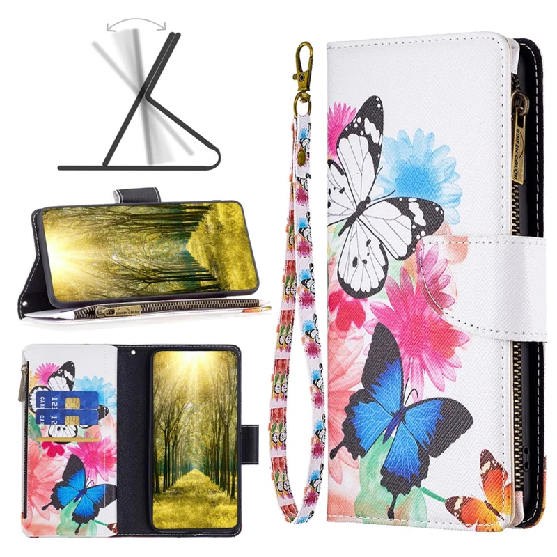 BF03 PU Leather Zipper Pocket Phone Case per iPhone 15, Pattern Printing Stand Wallet Cover - Due Farfalle