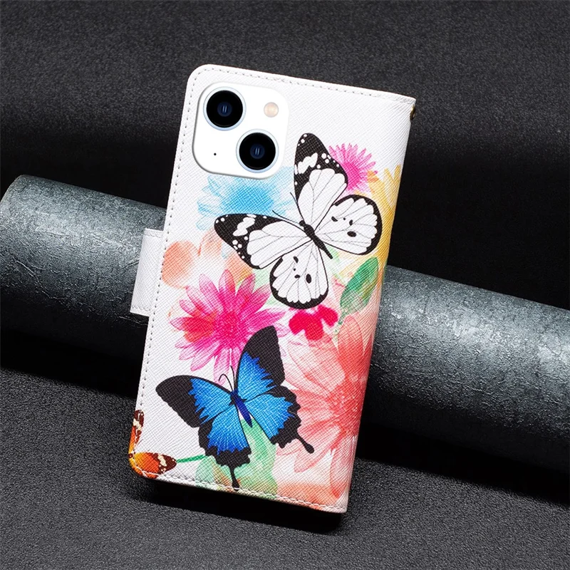 BF03 PU Leather Zipper Pocket Phone Case per iPhone 15, Pattern Printing Stand Wallet Cover - Due Farfalle