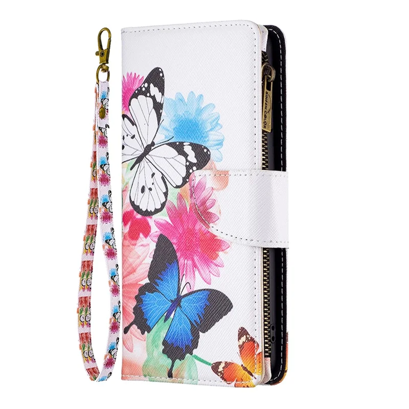 BF03 PU Leather Zipper Pocket Phone Case per iPhone 15, Pattern Printing Stand Wallet Cover - Due Farfalle
