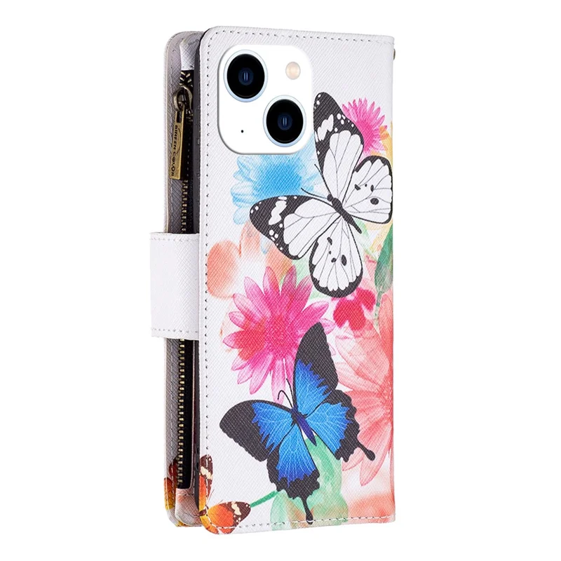 BF03 PU Leather Zipper Pocket Phone Case per iPhone 15, Pattern Printing Stand Wallet Cover - Due Farfalle