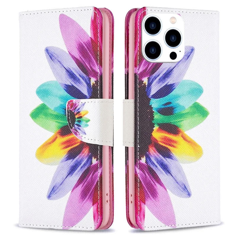 PU Leather Pattern Printing Wallet Case for iPhone 15 Pro , Stand Anti-drop Phone Cover - Sunflower