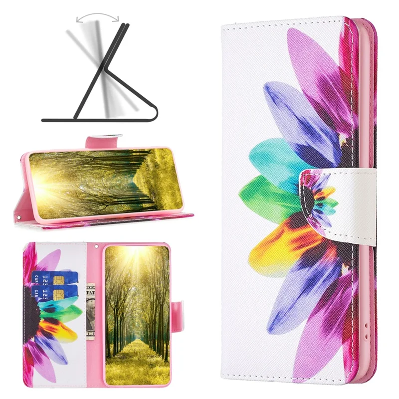 PU Leather Pattern Printing Wallet Case for iPhone 15 Pro , Stand Anti-drop Phone Cover - Sunflower