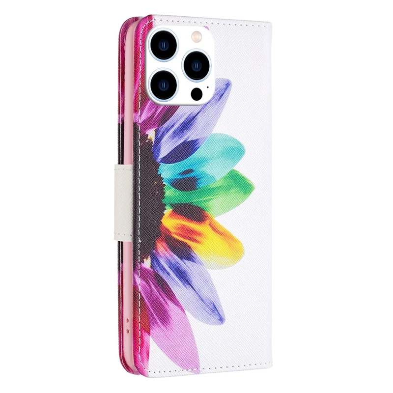 PU Leather Pattern Printing Wallet Case for iPhone 15 Pro , Stand Anti-drop Phone Cover - Sunflower