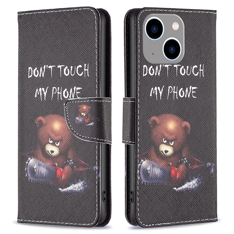 Pattern Printing Phone Leather Case for iPhone 15 Plus , Stand Wallet Full Protection Cover - Bear