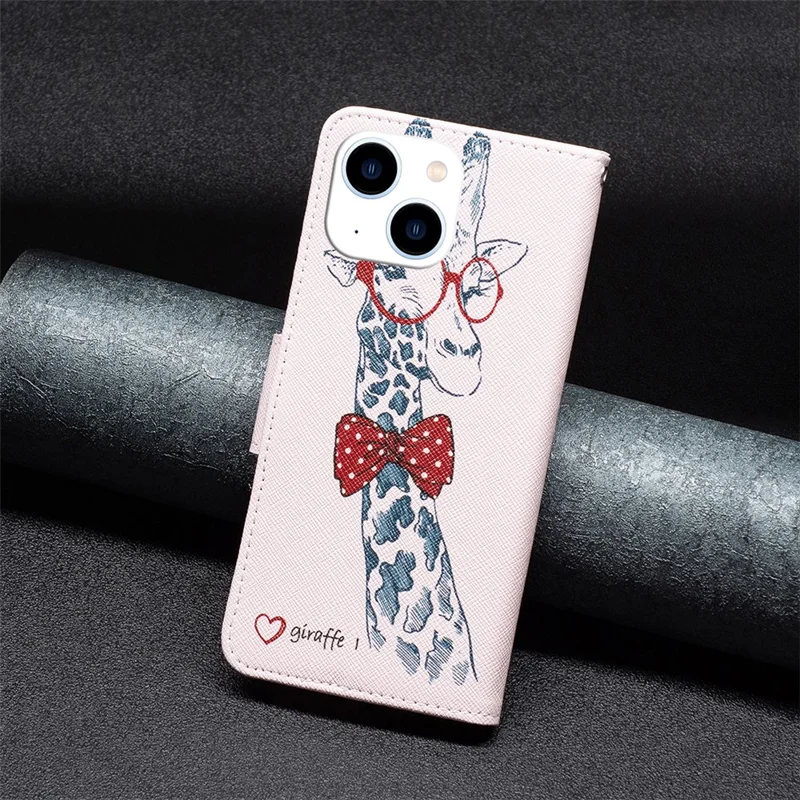 Stand Wallet Phone Case for iPhone 15 , Pattern Printing PU Leather + TPU Phone Cover - Giraffe