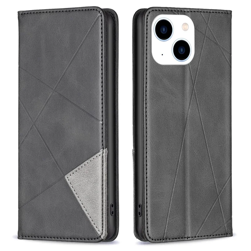 For iPhone 15 Card Holder Shell Imprinted Line Cell Phone Case Stand Leather Phone Cover - Black