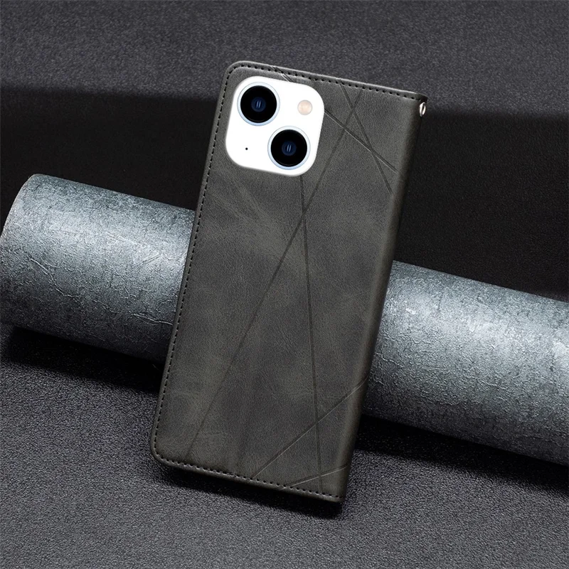For iPhone 15 Card Holder Shell Imprinted Line Cell Phone Case Stand Leather Phone Cover - Black