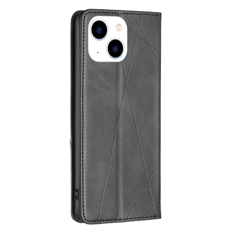 For iPhone 15 Card Holder Shell Imprinted Line Cell Phone Case Stand Leather Phone Cover - Black