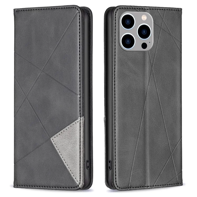 Para iPhone 15 Pro Max Stand Leather Phone Cover Card Holder Shell Imprinted Line Cell Phone Case - Preto