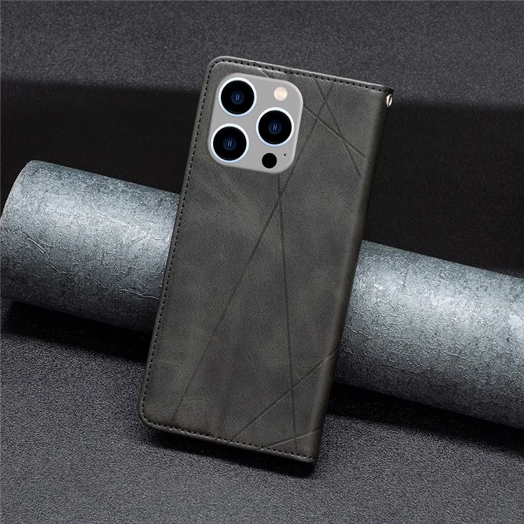 Para iPhone 15 Pro Max Stand Leather Phone Cover Card Holder Shell Imprinted Line Cell Phone Case - Preto