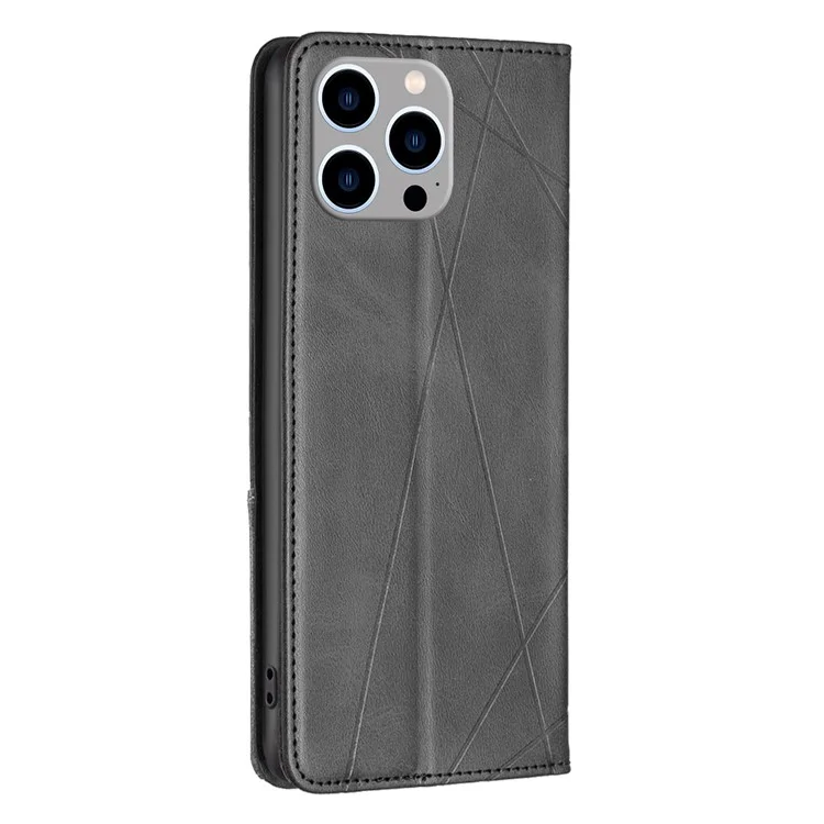 Para iPhone 15 Pro Max Stand Leather Phone Cover Card Holder Shell Imprinted Line Cell Phone Case - Preto