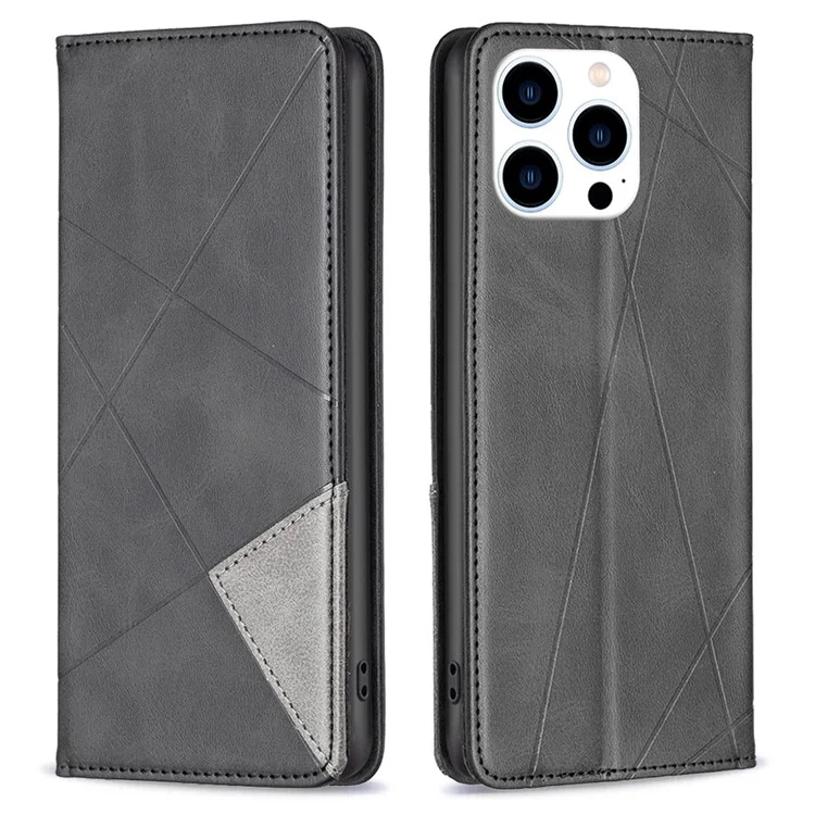 Per iPhone 15 Pro Imprinted Line Cell Phone Case Stand Card Holder Shell Leather Phone Cover - Nero