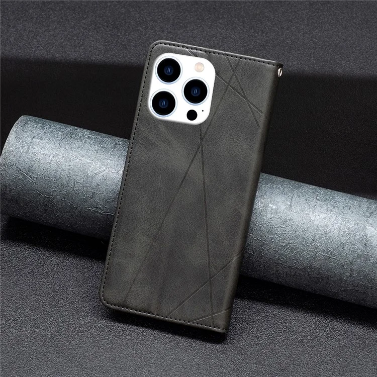 Per iPhone 15 Pro Imprinted Line Cell Phone Case Stand Card Holder Shell Leather Phone Cover - Nero