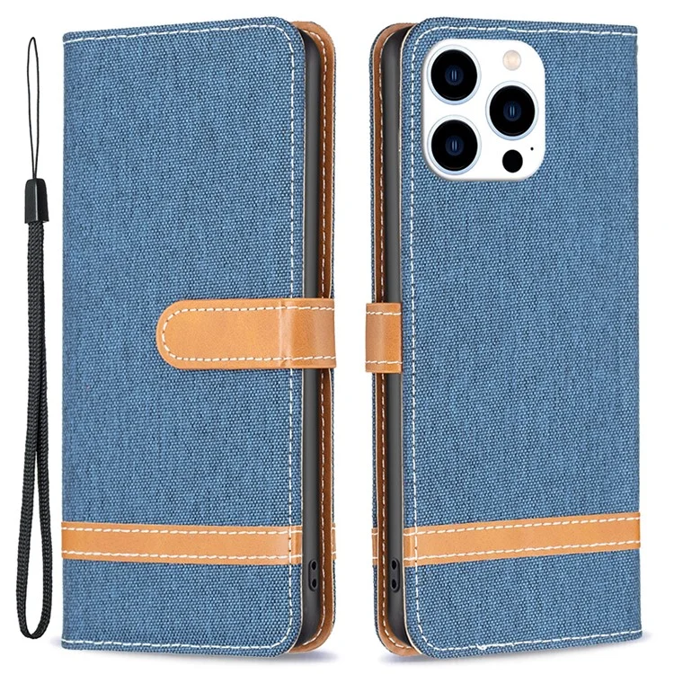 Para iPhone 15 Pro Jeans Cloth Splicing PU Leather + TPU Bump Proof Phone Case Wallet Stand Cover - Navy Blue