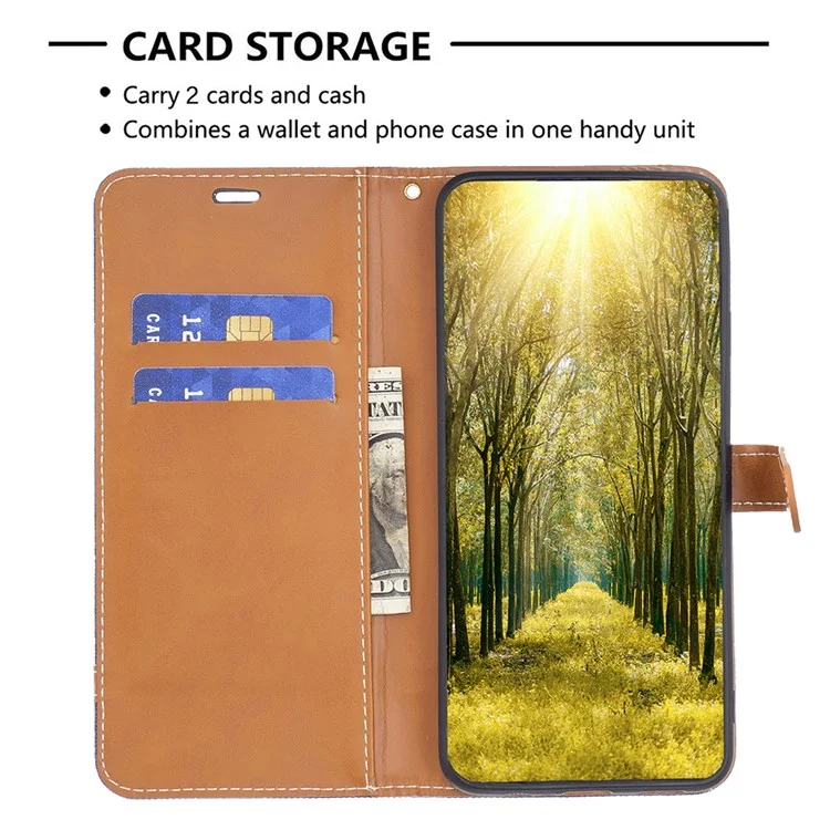 Para iPhone 15 Pro Jeans Cloth Splicing PU Leather + TPU Bump Proof Phone Case Wallet Stand Cover - Navy Blue