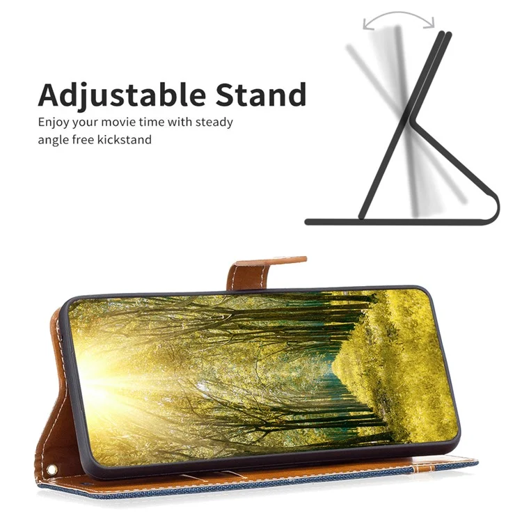 Para iPhone 15 Pro Jeans Cloth Splicing PU Leather + TPU Bump Proof Phone Case Wallet Stand Cover - Navy Blue