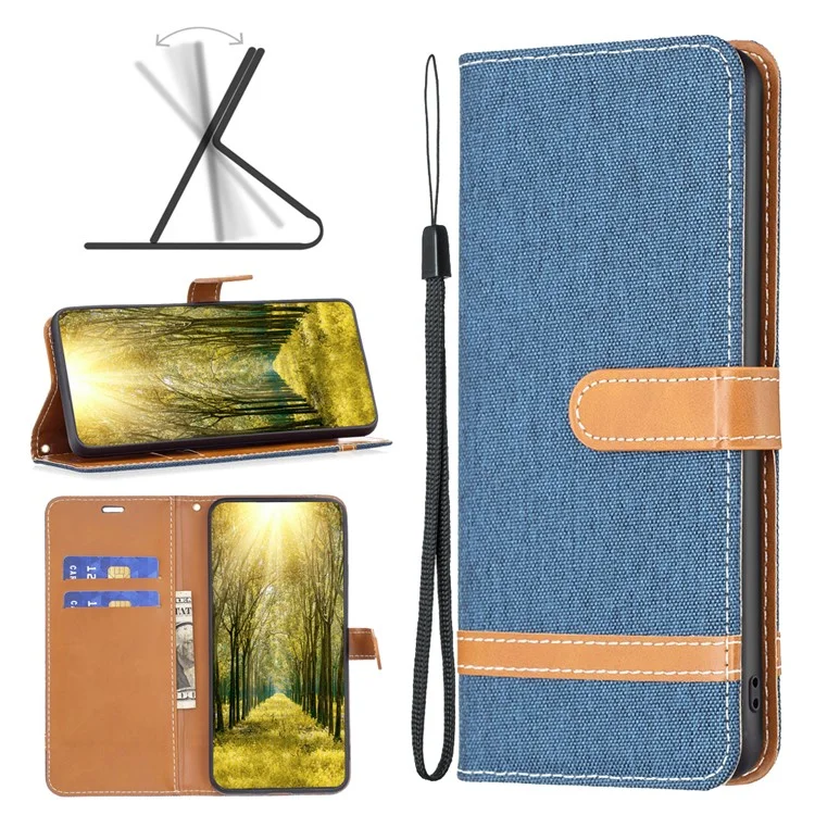 Para iPhone 15 Pro Jeans Cloth Splicing PU Leather + TPU Bump Proof Phone Case Wallet Stand Cover - Navy Blue