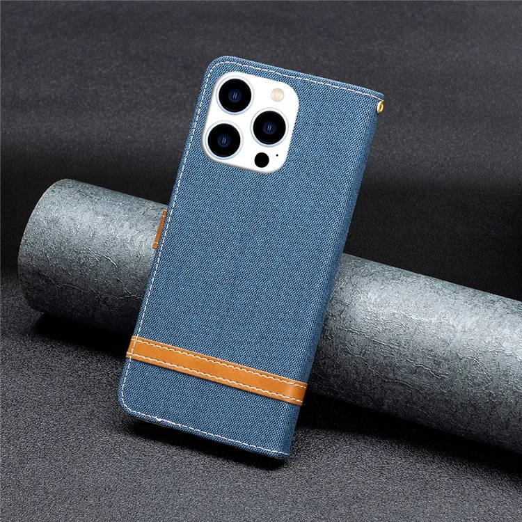 Para iPhone 15 Pro Jeans Cloth Splicing PU Leather + TPU Bump Proof Phone Case Wallet Stand Cover - Navy Blue