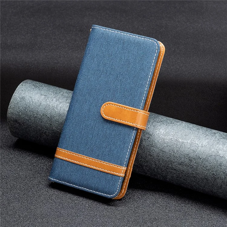 Para iPhone 15 Pro Jeans Cloth Splicing PU Leather + TPU Bump Proof Phone Case Wallet Stand Cover - Navy Blue