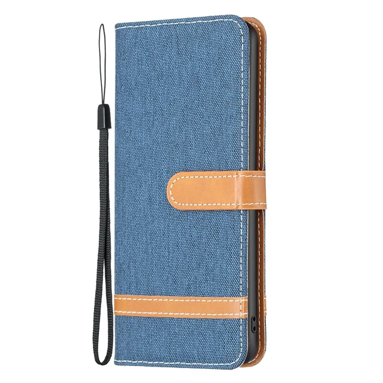 Para iPhone 15 Pro Jeans Cloth Splicing PU Leather + TPU Bump Proof Phone Case Wallet Stand Cover - Navy Blue