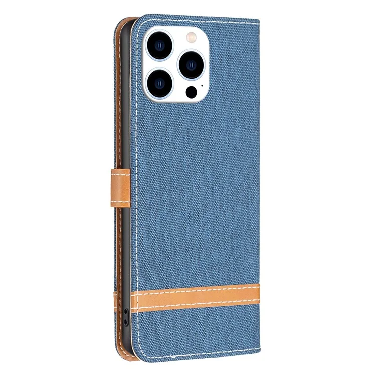 Para iPhone 15 Pro Jeans Cloth Splicing PU Leather + TPU Bump Proof Phone Case Wallet Stand Cover - Navy Blue