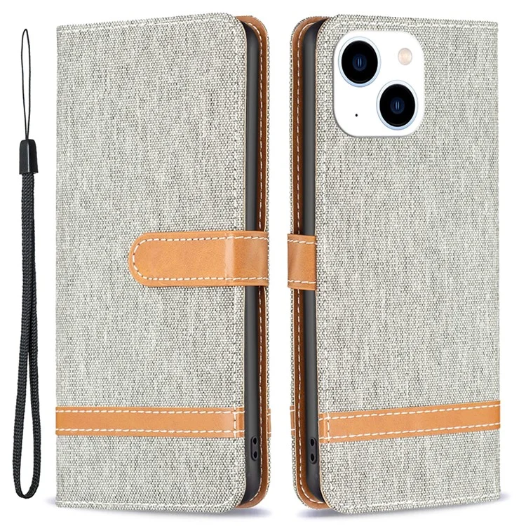 Per iPhone 15 Jeans Cloth Splicing PU Leather + TPU Phone Case Wallet Stand Anti-scratch Cover - Grey