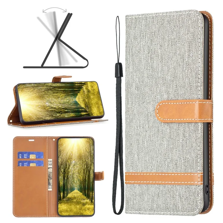 Per iPhone 15 Jeans Cloth Splicing PU Leather + TPU Phone Case Wallet Stand Anti-scratch Cover - Grey