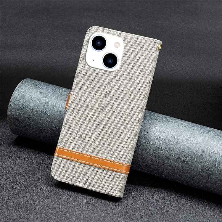 Per iPhone 15 Jeans Cloth Splicing PU Leather + TPU Phone Case Wallet Stand Anti-scratch Cover - Grey