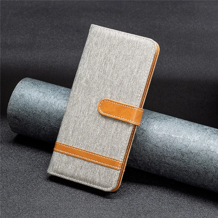 Per iPhone 15 Jeans Cloth Splicing PU Leather + TPU Phone Case Wallet Stand Anti-scratch Cover - Grey