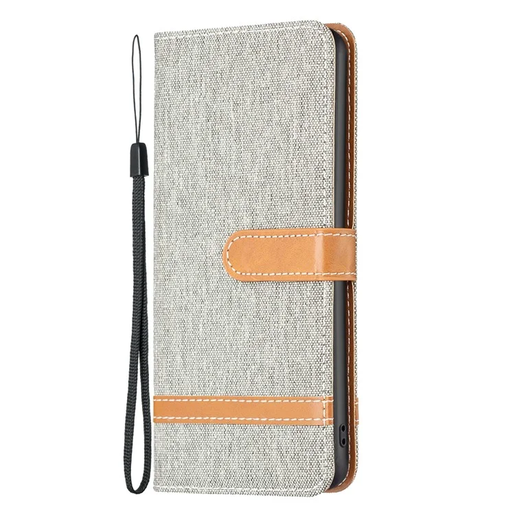 Per iPhone 15 Jeans Cloth Splicing PU Leather + TPU Phone Case Wallet Stand Anti-scratch Cover - Grey
