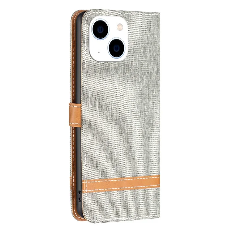 Per iPhone 15 Jeans Cloth Splicing PU Leather + TPU Phone Case Wallet Stand Anti-scratch Cover - Grey