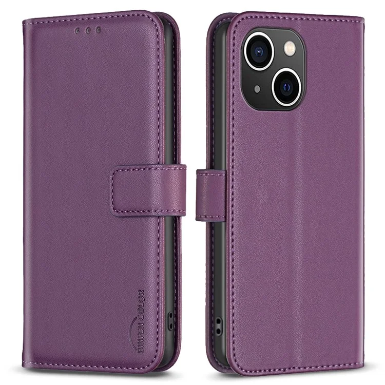 BINFEN COLOR BF17 For iPhone 15 Plus TPU+PU Leather Phone Cover Stand Design Wallet Case - Dark Purple