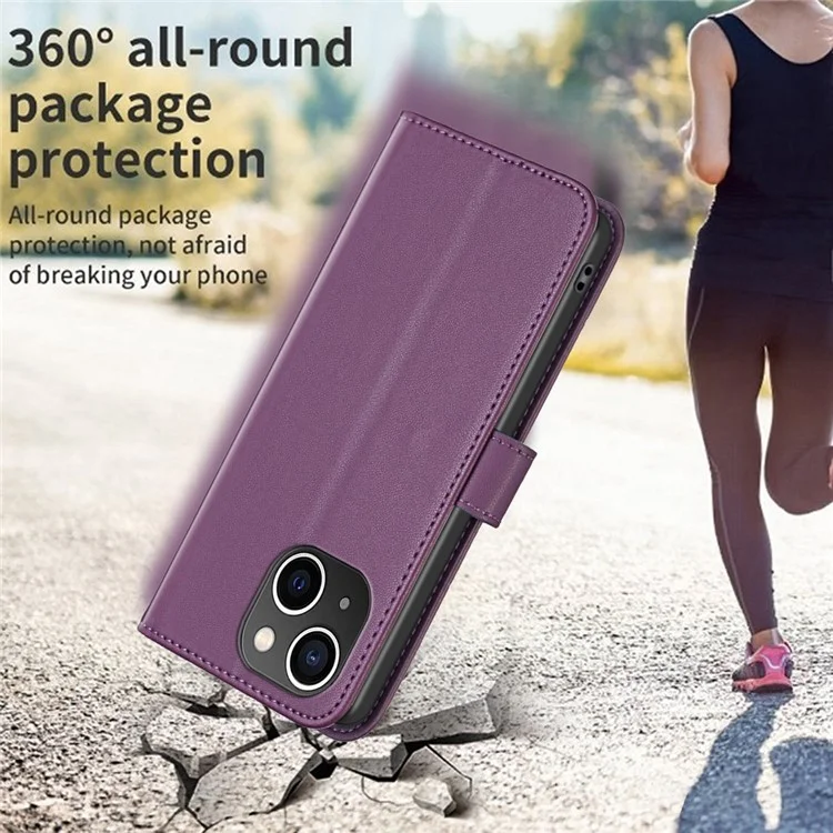 BINFEN COLOR BF17 For iPhone 15 Plus TPU+PU Leather Phone Cover Stand Design Wallet Case - Dark Purple