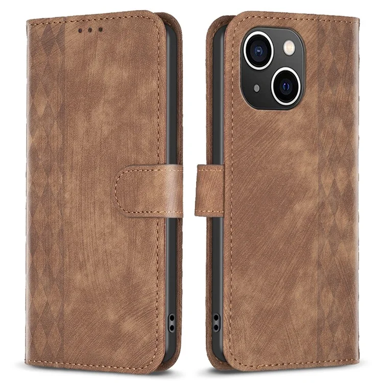 For iPhone 15 Plus Mobile Phone Case Stand Wallet Imprinted Rhombus PU Leather Cell Phone Cover - Brown